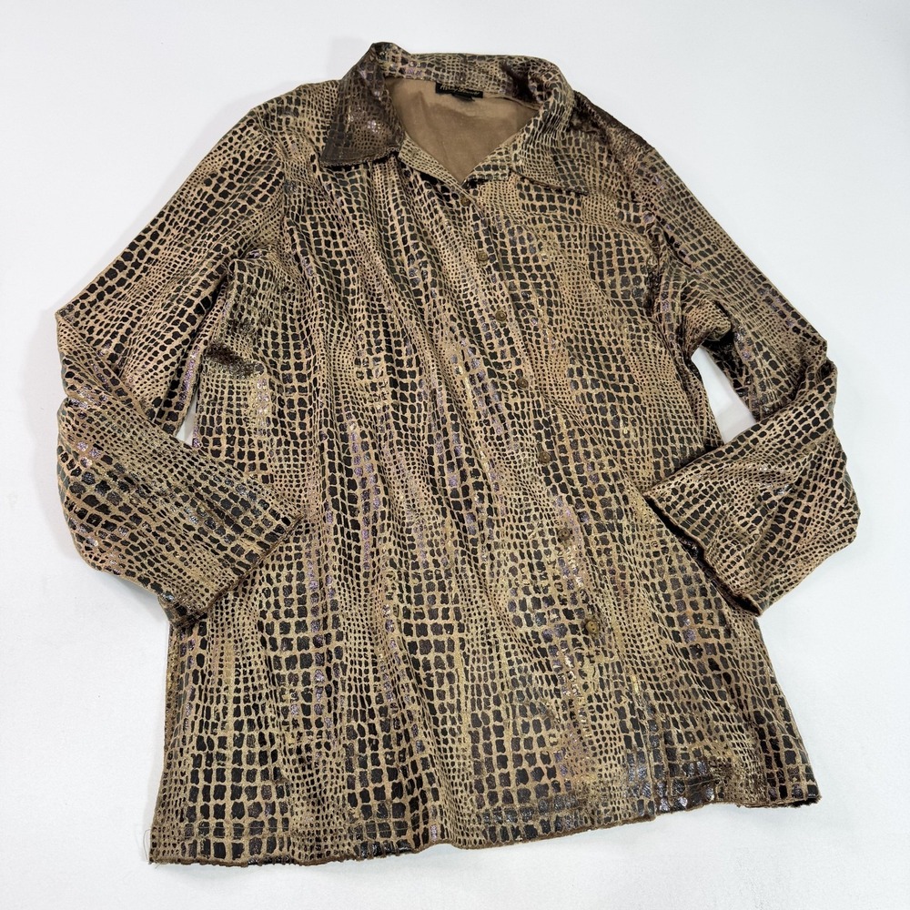 Ashley Stewart Shirt Womens 26/28 Brown‎ Metallic Animal Print Button Top Plus